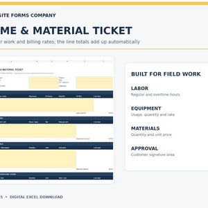 May include: A digital Time & Material Ticket spreadsheet template by Jobsite Forms Company. The document features sections for labor, equipment, materials, and subcontractors with yellow input fields and dark blue headers for field work tracking.