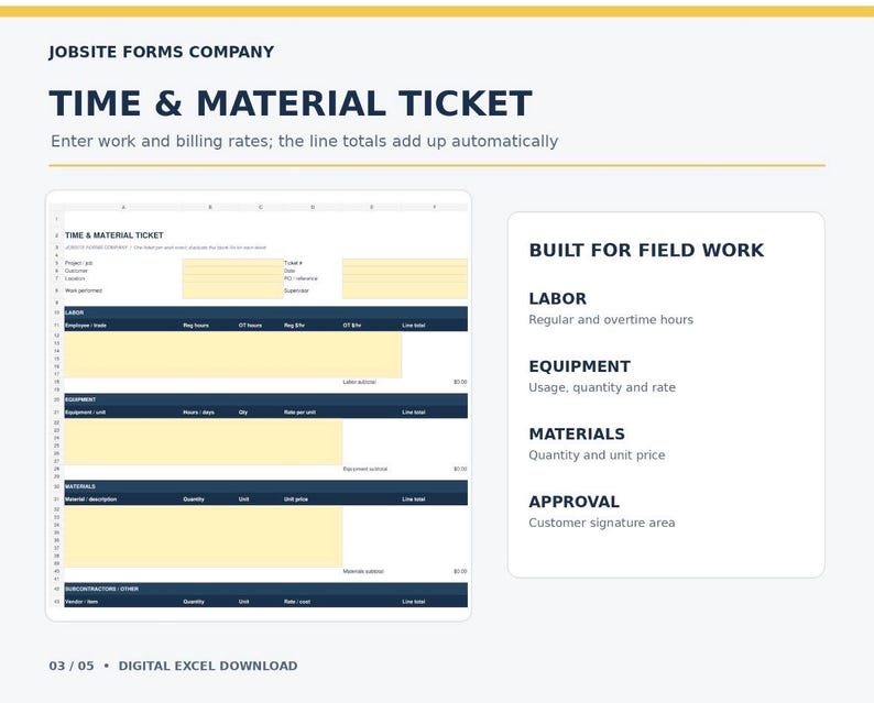 May include: A digital Time & Material Ticket spreadsheet template by Jobsite Forms Company. The document features sections for labor, equipment, materials, and subcontractors with yellow input fields and dark blue headers for field work tracking.