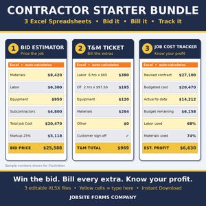 May include: A Contractor Starter Bundle graphic featuring three Excel spreadsheets: Bid Estimator, T&M Ticket, and Job Cost Tracker. The layout uses white, yellow, and dark blue colors with text detailing project costs, labor, and profit calculations.