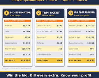 Contractor Excel Templates Bundle, Bid Estimate Spreadsheet, Time & Material Ticket, Job Cost Tracker, Construction Starter Kit