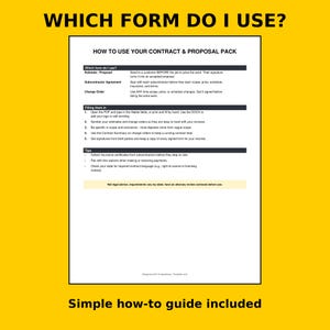 May include: A white instructional document titled WHICH FORM DO I USE? and HOW TO USE YOUR CONTRACT & PROPOSAL PACK. The text outlines procedures for estimates, subcontractor agreements, and change orders, including tips for filling them in.