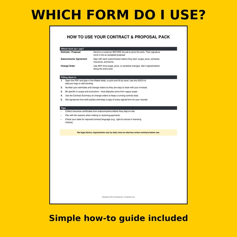 May include: A white instructional document titled WHICH FORM DO I USE? and HOW TO USE YOUR CONTRACT & PROPOSAL PACK. The text outlines procedures for estimates, subcontractor agreements, and change orders, including tips for filling them in.