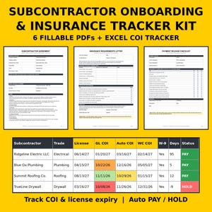 May include: A digital kit titled Subcontractor Onboarding & Insurance Tracker Kit featuring six fillable PDF forms and an Excel COI tracker. The image displays three document templates and a color-coded spreadsheet for tracking insurance and licenses.