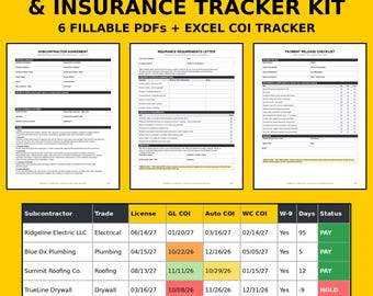 Subcontractor Agreement Template & COI Tracker Excel | Certificate of Insurance Expiration Log, W-9 Request, Sub Prequalification