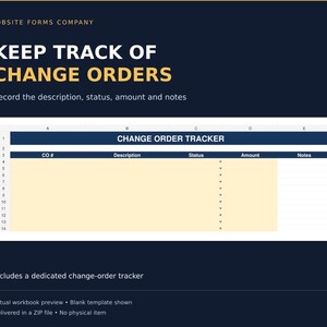 May include: A digital change order tracker spreadsheet template with a dark blue header and light yellow cells. The table includes columns for CO #, Description, Status, Amount, and Notes. Text reads: JOBSITE FORMS COMPANY, KEEP TRACK OF CHANGE ORDERS.