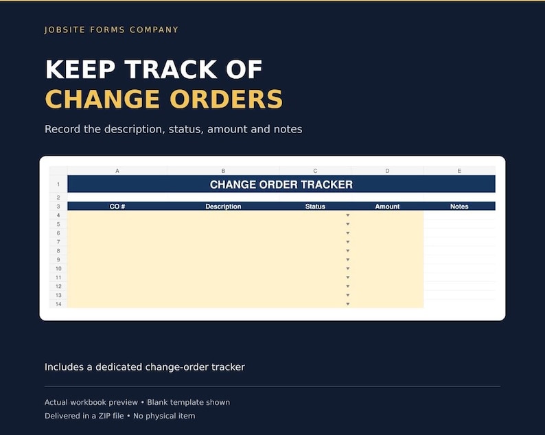 May include: A digital change order tracker spreadsheet template with a dark blue header and light yellow cells. The table includes columns for CO #, Description, Status, Amount, and Notes. Text reads: JOBSITE FORMS COMPANY, KEEP TRACK OF CHANGE ORDERS.