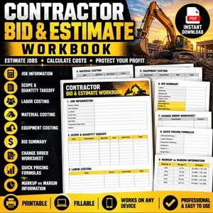 May include: A digital contractor bid and estimate workbook featuring sections for job information, material and labor costing, equipment, bid summaries, change orders, and pricing formulas. The document is printable, fillable, and device-compatible.