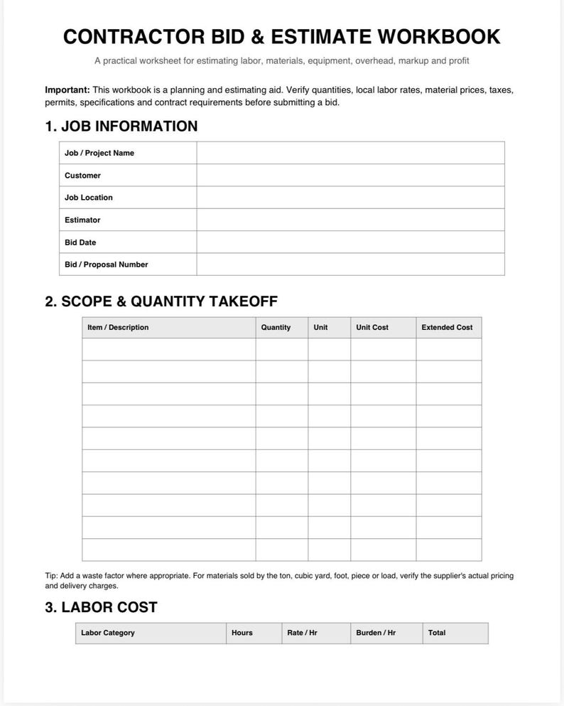 May include: A black and white contractor bid and estimate workbook document featuring sections for job information, scope and quantity takeoff, and labor cost. The form includes tables with headers for project details, item descriptions, and financial calculations.
