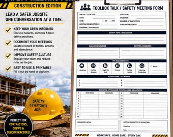 Könnte beinhalten: Ein druckbares Construction Toolbox Talk Sicherheitsbesprechungsformular auf einem Klemmbrett. Das Dokument enthält Felder für Projektdetails, Sicherheitsthemen, Gefahrenbesprechungen, Kontrollmaßnahmen, PSA-Anforderungen und Unterschriften.