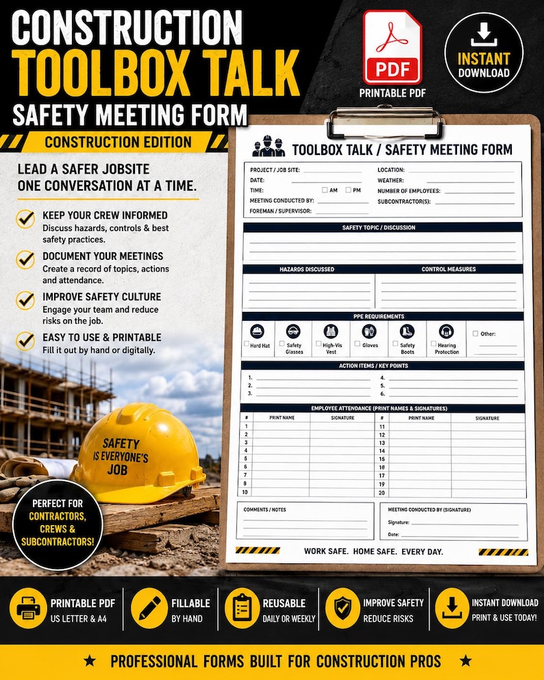 May include: A printable Construction Toolbox Talk Safety Meeting Form on a clipboard. The document includes fields for project details, safety topics, hazard discussions, control measures, PPE requirements, and employee attendance signatures.