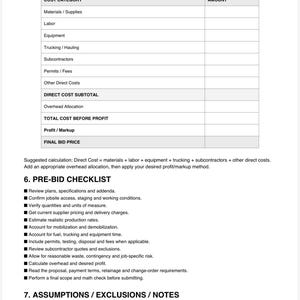 May include: A document titled 5. BID SUMMARY featuring a table with columns for Cost Category and Amount, followed by a Pre-Bid Checklist with bulleted items and a section for Assumptions, Exclusions, and Notes at the bottom of the page.