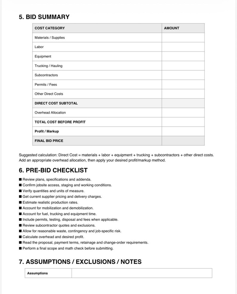 May include: A document titled 5. BID SUMMARY featuring a table with columns for Cost Category and Amount, followed by a Pre-Bid Checklist with bulleted items and a section for Assumptions, Exclusions, and Notes at the bottom of the page.