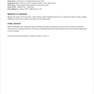 May include: A white printable worksheet titled 9. QUICK PRICING FORMULAS. The document lists formulas for Extended Material Cost, Labor Cost, Equipment Cost, Direct Cost, Gross Profit, and Gross Margin. It includes sections on MARKUP VS. MARGIN and FINAL REVIEW.