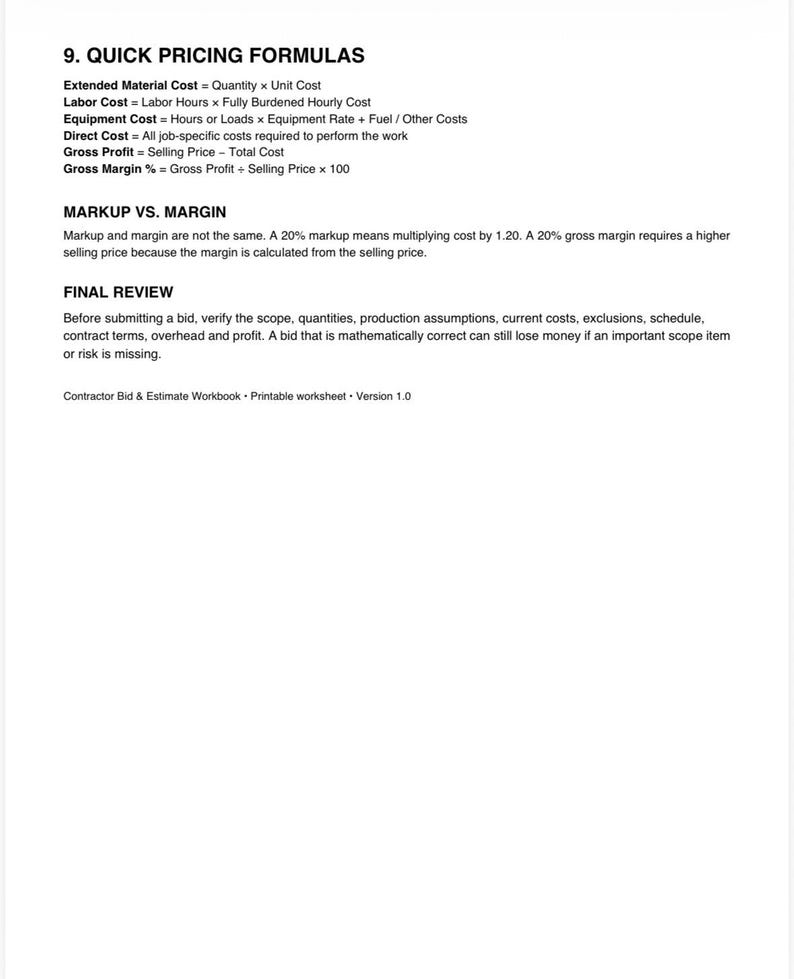 May include: A white printable worksheet titled 9. QUICK PRICING FORMULAS. The document lists formulas for Extended Material Cost, Labor Cost, Equipment Cost, Direct Cost, Gross Profit, and Gross Margin. It includes sections on MARKUP VS. MARGIN and FINAL REVIEW.
