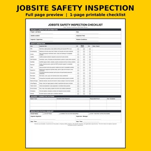 K&ouml;nnte beinhalten: Ein wei&szlig;es, einseitig druckbares Jobsite Safety Inspection Checklist-Dokument mit schwarzem Text und Rasterlinien. Das Formular enth&auml;lt Abschnitte f&uuml;r Projektinformationen, Inspektionspunkte, Korrekturma&szlig;nahmen und Unterschriftsfelder.