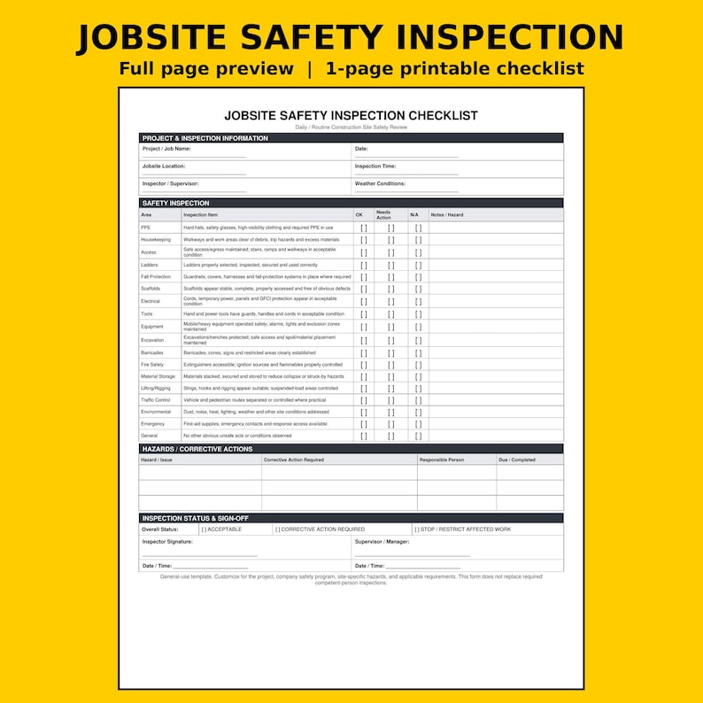 K&ouml;nnte beinhalten: Ein wei&szlig;es, einseitig druckbares Jobsite Safety Inspection Checklist-Dokument mit schwarzem Text und Rasterlinien. Das Formular enth&auml;lt Abschnitte f&uuml;r Projektinformationen, Inspektionspunkte, Korrekturma&szlig;nahmen und Unterschriftsfelder.