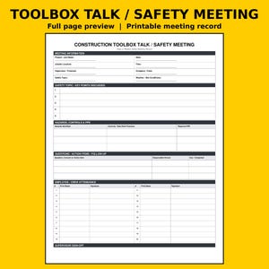 May include: A printable construction toolbox talk and safety meeting record form. The document features sections for meeting information, safety topics, hazards, controls, PPE, action items, and a twenty-person employee attendance sign-off sheet.