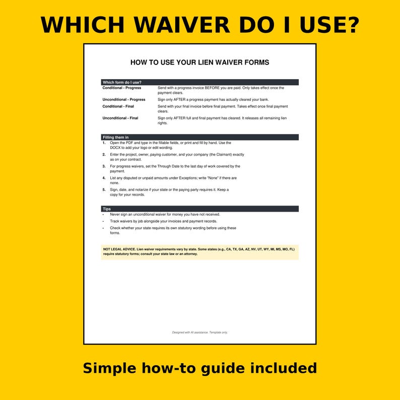 K&ouml;nnte beinhalten: Ein wei&szlig;es Informationsdokument mit dem Titel WHICH WAIVER DO I USE? und HOW TO USE YOUR LIEN WAIVER FORMS. Der Text enth&auml;lt Anweisungen zu bedingten und unbedingten Pfandverzichtserkl&auml;rungen, zum Ausf&uuml;llen und hilfreiche Tipps.
