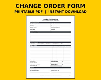 Change Order Template | Printable Construction Change Order Form PDF for Contractors, Extra Work Order, Scope & Cost Change Record