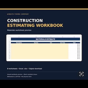 May include: A digital construction estimating workbook template featuring a materials estimate worksheet with columns for description, quantity, unit, unit price, and total. The dark blue interface displays text including Jobsite Forms Company.