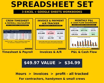 Small Business Spreadsheet Bundle for Contractors, Excel & Google Sheets, Payroll Calculator, Invoice Tracker, Profit and Loss