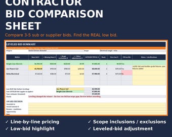 Contractor Bid Comparison Sheet Excel | Subcontractor & Supplier Bid Leveling Template, Scope Inclusions Exclusions, Low Bid Tracker