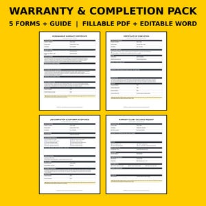 Puede incluir: Un conjunto de documentos digitales titulado WARRANTY & COMPLETION PACK, que incluye 5 formularios y una guía en formatos PDF rellenable y Word editable. El diseño muestra cuatro plantillas comerciales para garantía, finalización, aceptación y reclamaciones.