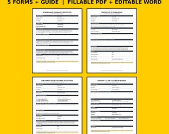 Workmanship Warranty & Certificate of Completion Forms | Contractor Handyman Job Completion, Warranty Claim, Care Sheet | Fillable PDF Word