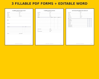 Plumbing Work Order & Service Invoice | Plumber Job Ticket, Water Heater Inspection Checklist | Printable Fillable PDF Contractor Forms