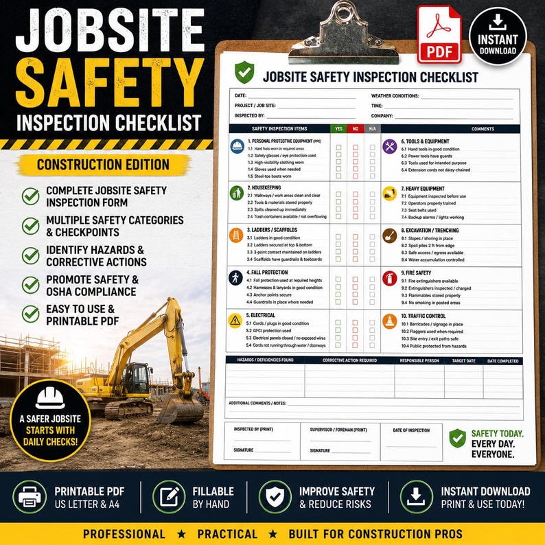 K&ouml;nnte beinhalten: Eine Jobsite Safety Inspection Checklist auf einem Klemmbrett. Das Formular enth&auml;lt Abschnitte f&uuml;r pers&ouml;nliche Schutzausr&uuml;stung, Instandhaltung, Leitern, Absturzsicherung, Elektrik, Werkzeuge, schwere Ger&auml;te, Aushub, Brandschutz und Verkehrskontrolle.