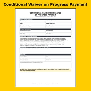 K&ouml;nnte beinhalten: Ein wei&szlig;es Dokument mit dem Titel Conditional Waiver and Release on Progress Payment mit schwarzem Text und Linien. Es enth&auml;lt Abschnitte f&uuml;r Identifikationsinformationen, Zahlungsdetails, eine Verzichtserkl&auml;rung, Ausnahmen und Unterschriftenfelder.