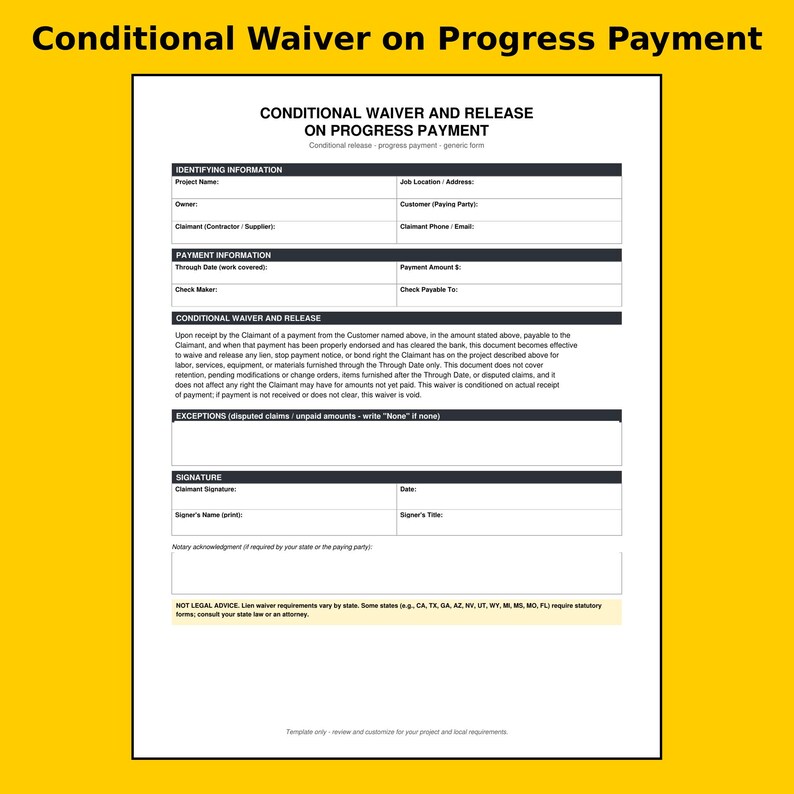 K&ouml;nnte beinhalten: Ein wei&szlig;es Dokument mit dem Titel Conditional Waiver and Release on Progress Payment mit schwarzem Text und Linien. Es enth&auml;lt Abschnitte f&uuml;r Identifikationsinformationen, Zahlungsdetails, eine Verzichtserkl&auml;rung, Ausnahmen und Unterschriftenfelder.