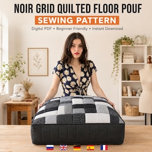 May include: A square floor pouf featuring a black, gray, and white quilted grid pattern on the top surface with solid black sides. The product is labeled as a Noir Grid Quilted Floor Pouf sewing pattern, available as a digital PDF download.