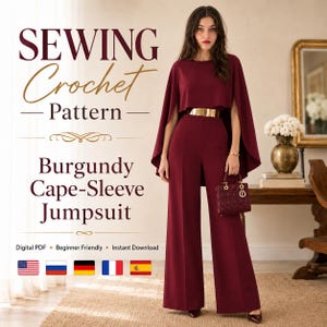 May include: A digital PDF sewing crochet pattern for a burgundy cape-sleeve jumpsuit. The text reads SEWING Crochet Pattern Burgundy Cape-Sleeve Jumpsuit Digital PDF Beginner Friendly Instant Download. The jumpsuit features wide legs and a cape overlay.