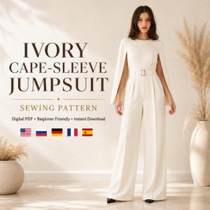 May include: An ivory jumpsuit with cape-style sleeves, a round neckline, and a matching belt with a rectangular buckle. The text reads IVORY CAPE-SLEEVE JUMPSUIT SEWING PATTERN, Digital PDF, Beginner Friendly, and Instant Download.