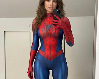 Spider Inspired Bodysuit - Women's Superhero Catsuit - Full Body Cosplay Suit - Halloween Costume, Red Blue, XS–XXXL
