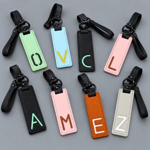 May include: Eight rectangular keychains with black leather loops and metal rings. Each features a different colored tag: light green with O, light blue with V, black with C, pink with L, black with A, pink with M, orange with E, and gray with Z.
