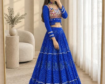 Royal Blue Bandhani Lehenga Choli Set, Navratri Gamthi Work Crop Top with Tiered Ghagra, Gujarati Garba Dandiya Night Festive Outfit