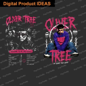 May include: A digital graphic design featuring Oliver Tree with text elements including Welcome to My Sad World, I'm Gone for Good, and a list of song titles like Jerk, Alien Boy, and Cash Machine, set against a dark background with pink accents.