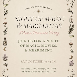Puede incluir: Una tarjeta de invitación de color crema con un borde decorativo de rosas, lavanda, mariposas, cristales, setas, llaves y frascos de pociones. El texto dice: YOU'RE INVITED TO A NIGHT OF MAGIC & MARGARITAS Movie Premiere Party JOIN US FOR A NIGHT OF MAGIC, MOVIES, & MERRIMENT SAT OCTOBER 30 3 PM 123 Party Drive, Raleigh, NC 45678 RSVP to Erica at 123-456-7890.