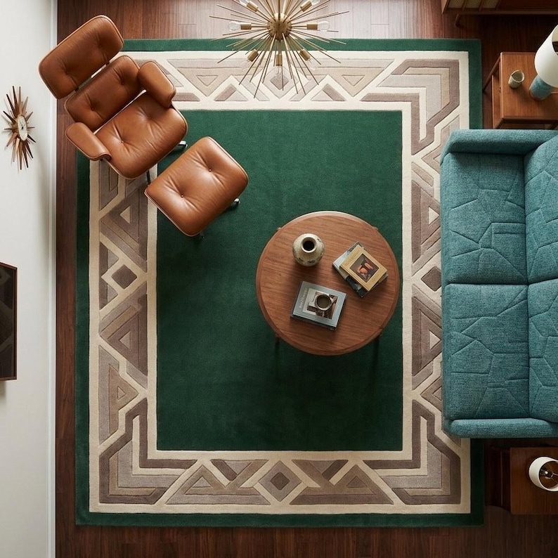 Geometric Border Rug Design Hand-tufted Wool Area Rug, Emerald Green Geometric Border, Modern Art ...