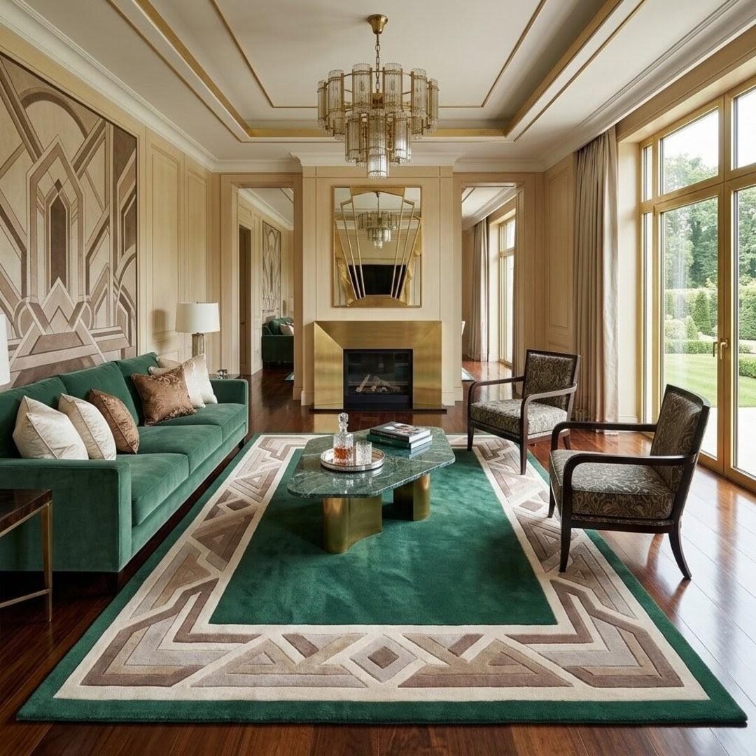Geometric Border Rug Design Hand-tufted Wool Area Rug, Emerald Green Geometric Border, Modern Art ...
