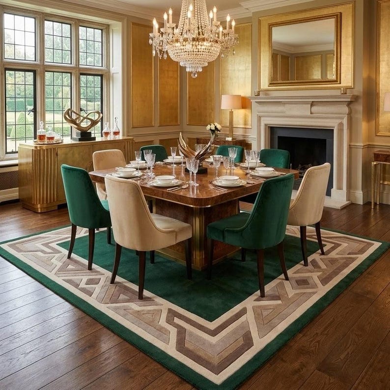 Geometric Border Rug Design Hand-tufted Wool Area Rug, Emerald Green Geometric Border, Modern Art ...