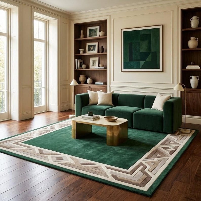 Geometric Border Rug Design Hand-tufted Wool Area Rug, Emerald Green Geometric Border, Modern Art ...