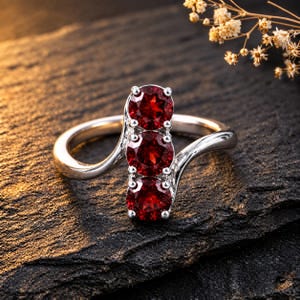 Peut inclure: Une bague en argent ornée de trois pierres précieuses grenat rouge foncé, rondes et disposées verticalement en ligne. L'anneau présente une finition polie lisse et un design croisé qui entoure les pierres centrales, formant une structure fluide.