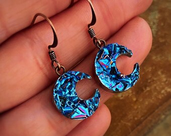 Crescent Moon Earrings, Blue Bismuth Crystals with Copper French Hooks, Unique Celestial Jewelry, Optional Gift Wrap Available
