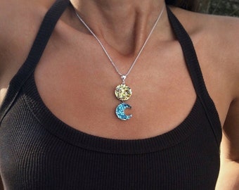 You Are My Sun and Moon, Bismuth Crystal Necklace, Celestial Jewelry, Romantic Anniversary Gift