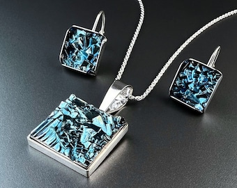 Bismuth Crystal Necklace and Earring Set, Square Jewelry, Sterling Silver, Custom Color Choice