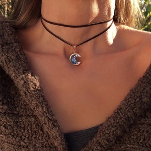 Crescent Moon Choker Necklace with Bismuth Crystal and Copper Setting, Custom Color Choice image 1