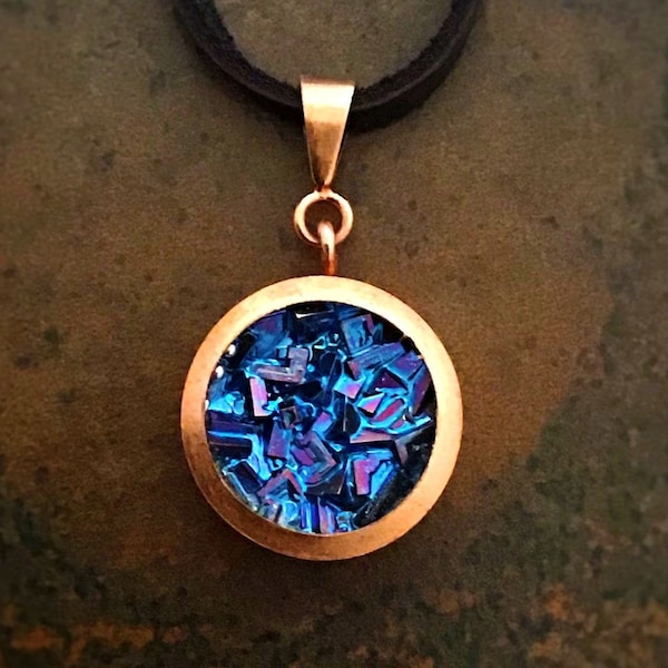 Blue Bismuth Crystal Necklace in Copper Bezel with optional celestial gift wrap